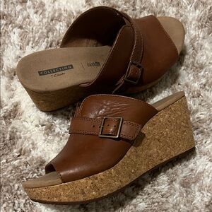 Clarks Tan Leather Wedge Sandals